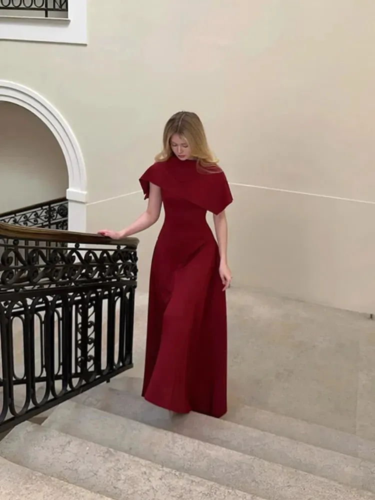 Wenkouban Elegant Women's Patchwork Maxi Dress With Shawl Retro Solid Contrasting Sleeveless Midi Robe 2024 New Lady Party Evening Dresses