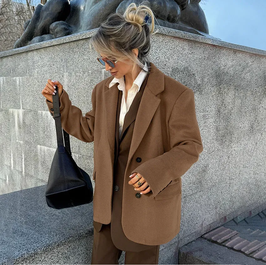 Wjczt Fall outfits Brown Woolen Overcoat for Women 2024 Winter French Retro Loose Thickened Casual Suit Jacket Old Money Style Wear