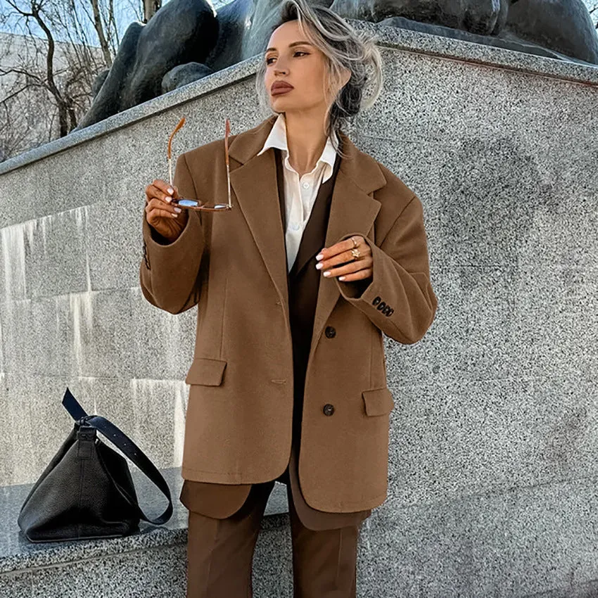 Wjczt Fall outfits Brown Woolen Overcoat for Women 2024 Winter French Retro Loose Thickened Casual Suit Jacket Old Money Style Wear