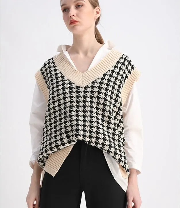 Women  Fashion Oversized Houndstooth Knitted Vest Sweater Vintage Sleeveless Side Vents Female Waistcoat Chic Tops