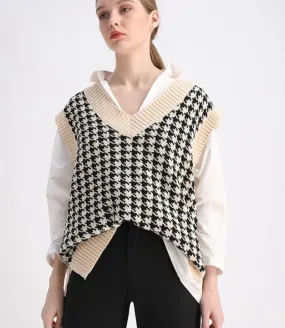 Women  Fashion Oversized Houndstooth Knitted Vest Sweater Vintage Sleeveless Side Vents Female Waistcoat Chic Tops