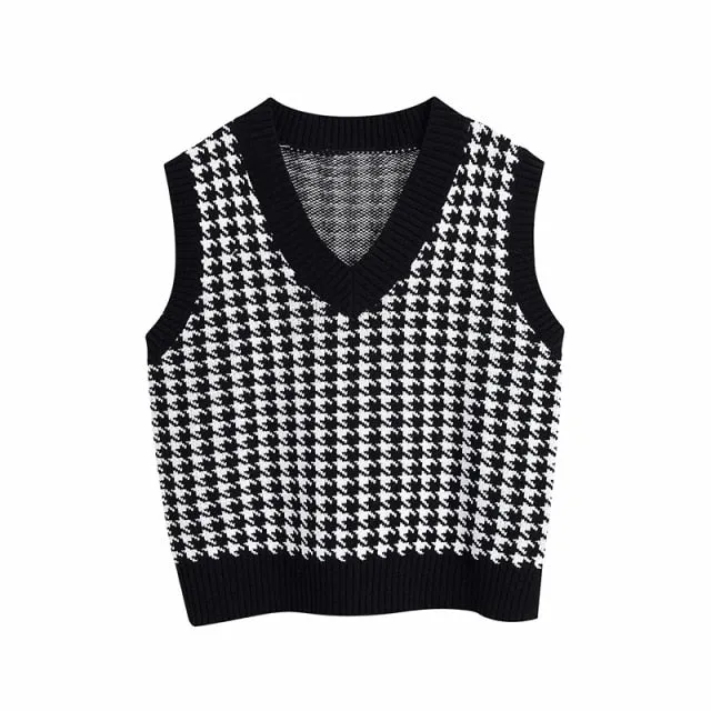 Women  Fashion Oversized Houndstooth Knitted Vest Sweater Vintage Sleeveless Side Vents Female Waistcoat Chic Tops