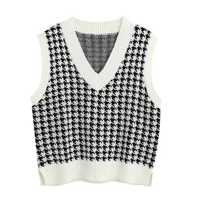 Women  Fashion Oversized Houndstooth Knitted Vest Sweater Vintage Sleeveless Side Vents Female Waistcoat Chic Tops