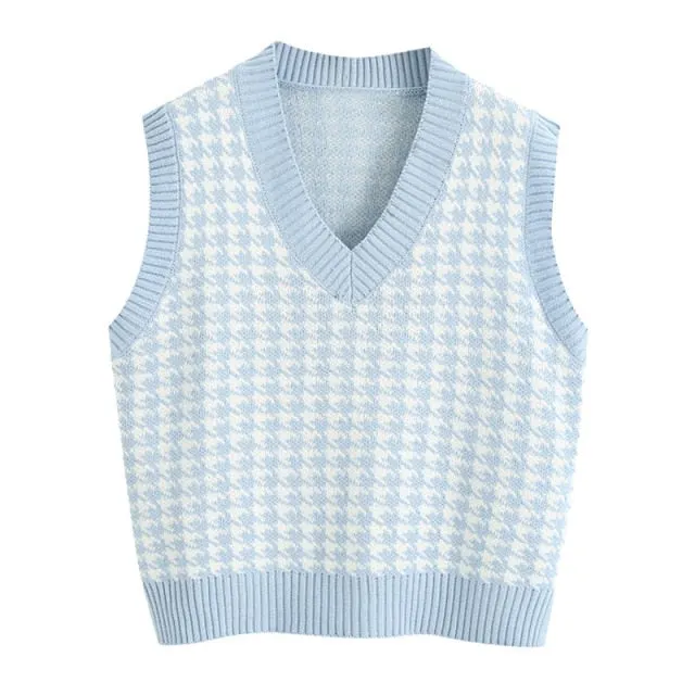 Women  Fashion Oversized Houndstooth Knitted Vest Sweater Vintage Sleeveless Side Vents Female Waistcoat Chic Tops