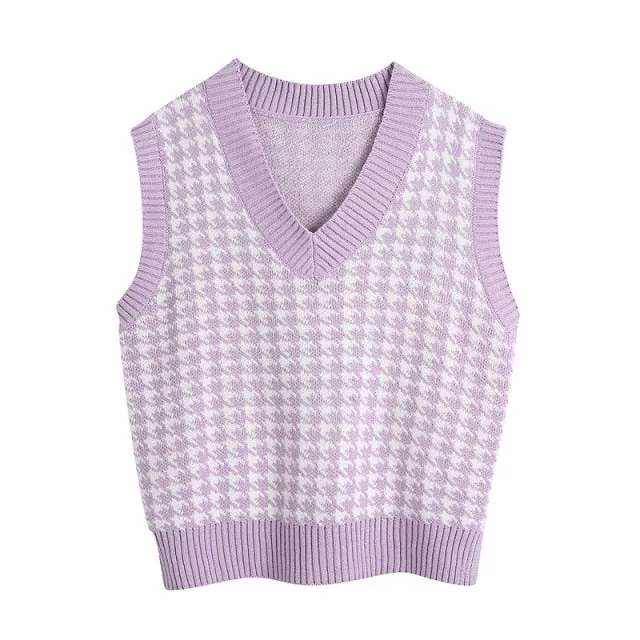 Women  Fashion Oversized Houndstooth Knitted Vest Sweater Vintage Sleeveless Side Vents Female Waistcoat Chic Tops