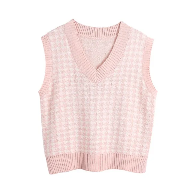 Women  Fashion Oversized Houndstooth Knitted Vest Sweater Vintage Sleeveless Side Vents Female Waistcoat Chic Tops
