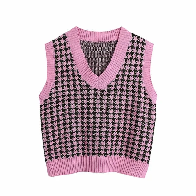 Women  Fashion Oversized Houndstooth Knitted Vest Sweater Vintage Sleeveless Side Vents Female Waistcoat Chic Tops