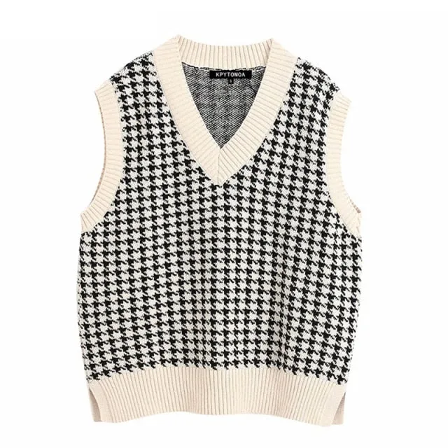 Women  Fashion Oversized Houndstooth Knitted Vest Sweater Vintage Sleeveless Side Vents Female Waistcoat Chic Tops