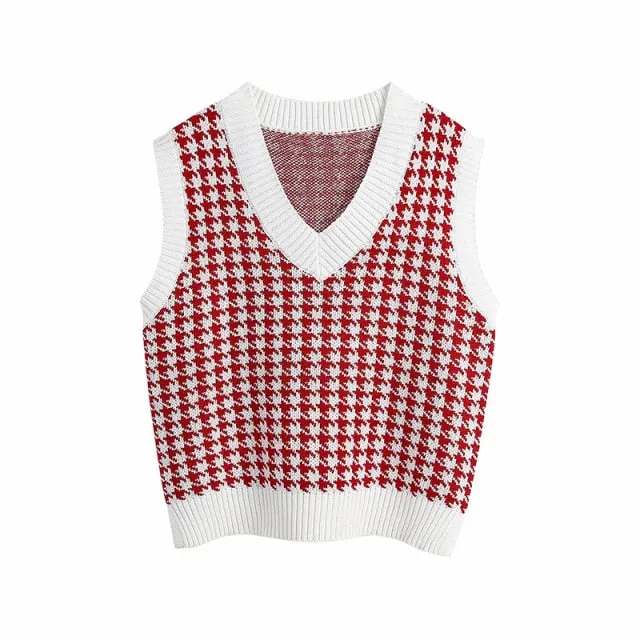 Women  Fashion Oversized Houndstooth Knitted Vest Sweater Vintage Sleeveless Side Vents Female Waistcoat Chic Tops
