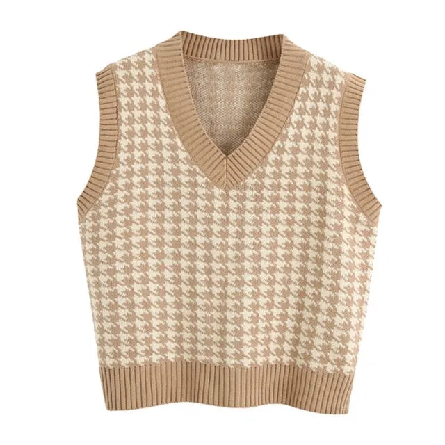Women  Fashion Oversized Houndstooth Knitted Vest Sweater Vintage Sleeveless Side Vents Female Waistcoat Chic Tops