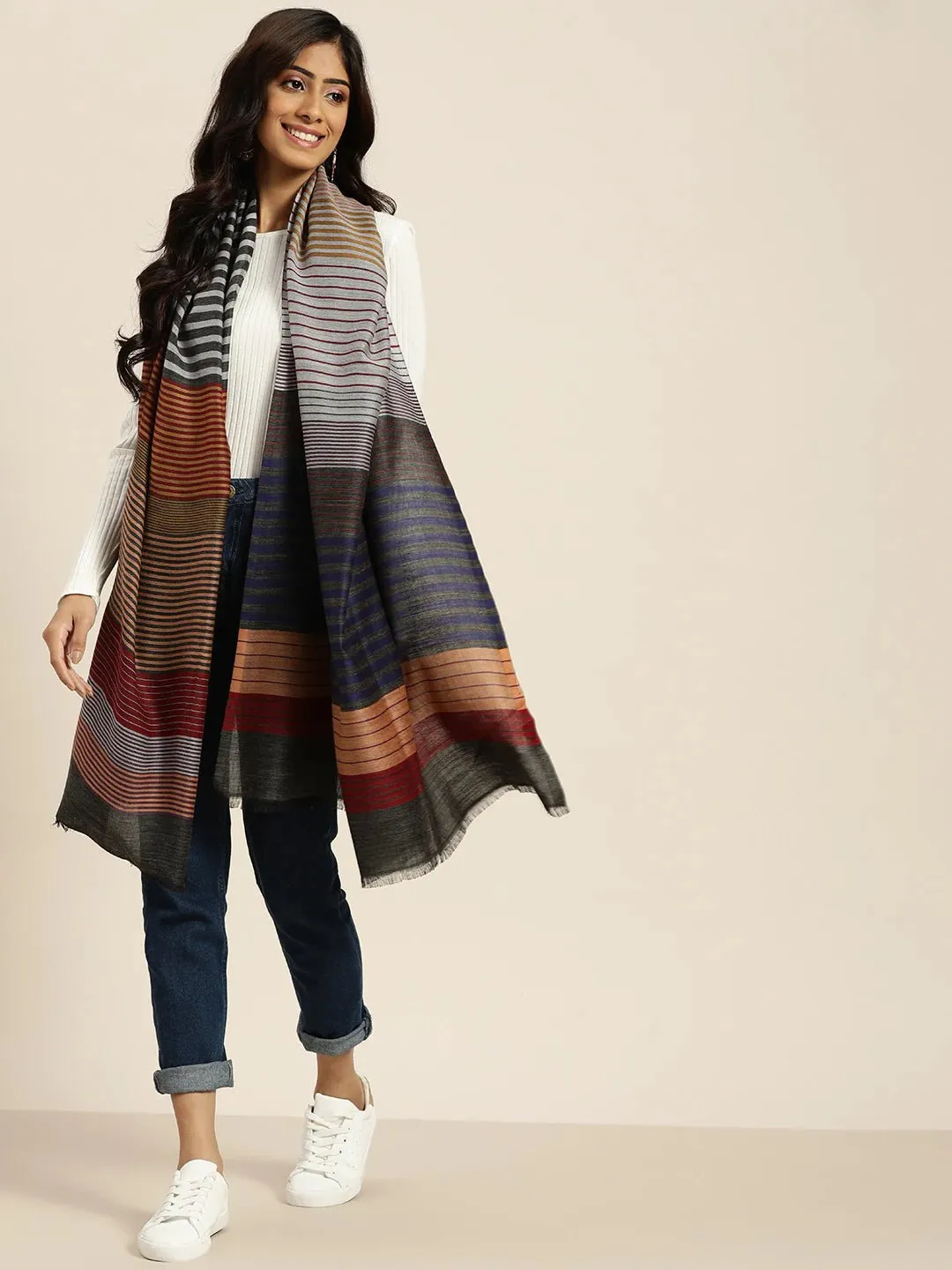 Women Multicolored Wool Striped Woven Design Jamawar Shawl
