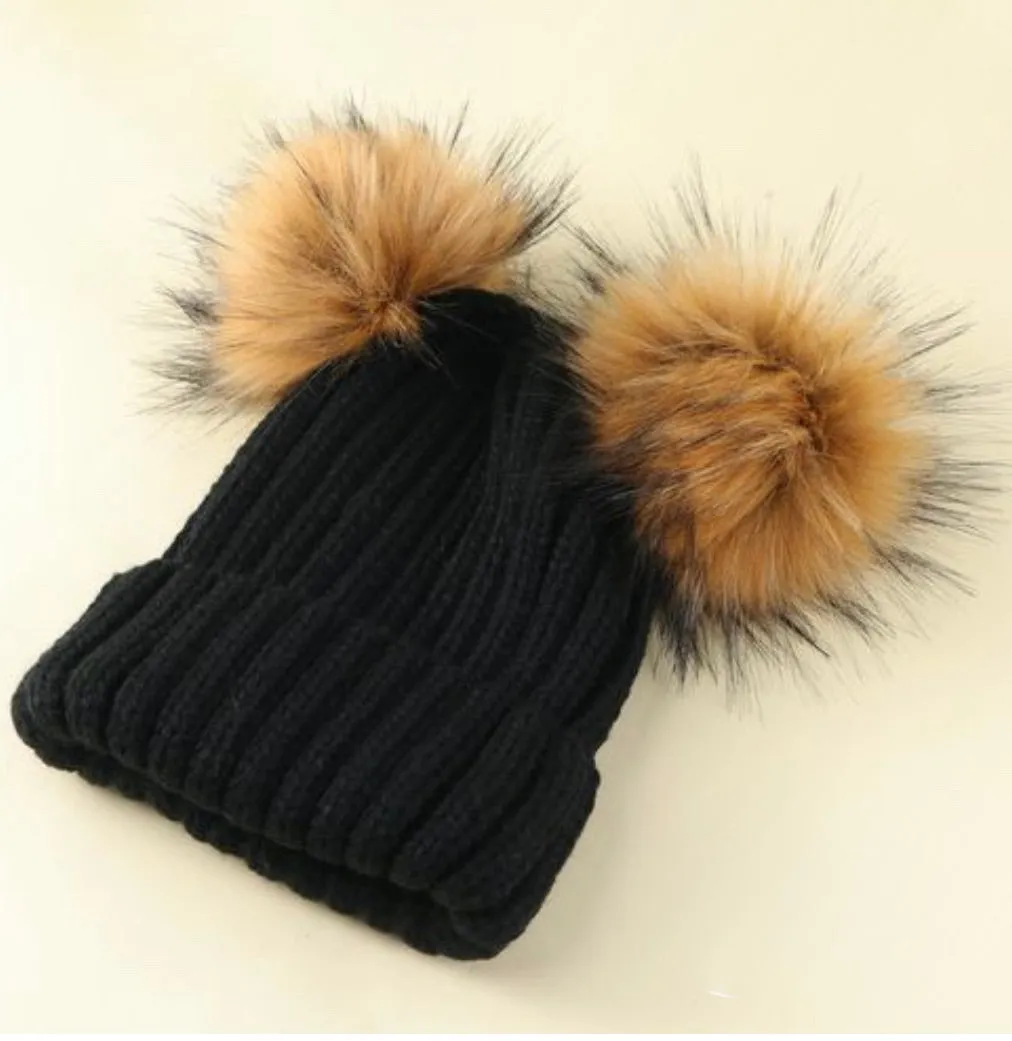 Wool Beanie Hat with Pom Pom Ears - Women and Girls